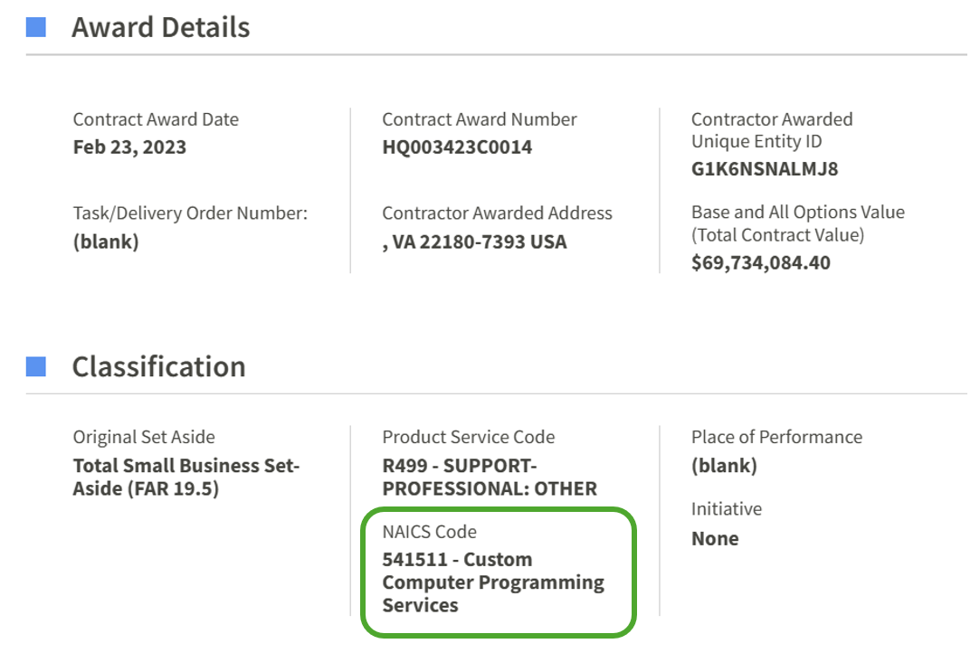 Check the NAICS code in the Award Classification section of SAM.gov